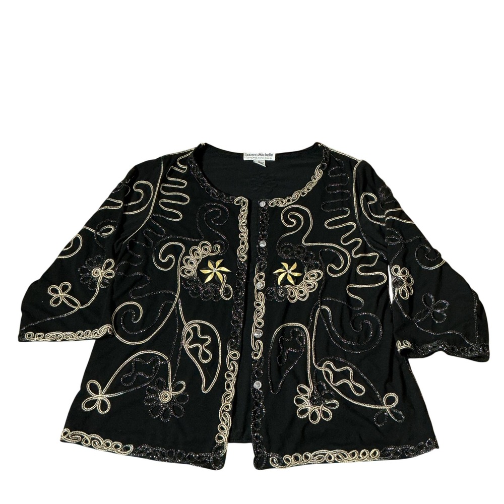 Lauren Michelle Black Gold Soutache Embroidered Layering Cardigan Rhinestone XL